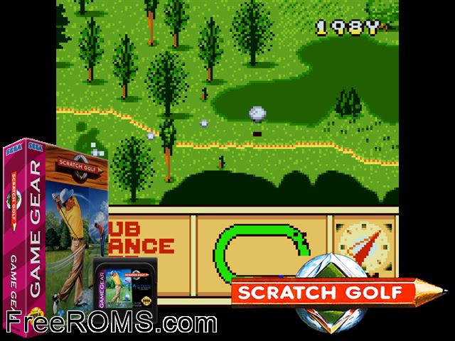 Scratch Golf Game Gear game showing 3D box cover and gameplay screenshot
